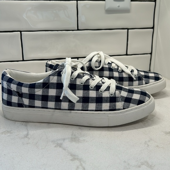 J. Crew Factory Navy Blue Gingham Printed Canvas Lace Up Road Trip Sneakers SZ 9 - Picture 16 of 16